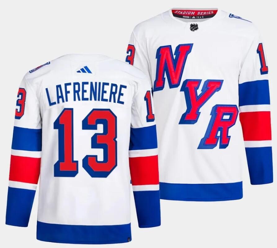 Men New York Rangers 13 Lafreniere white 2024 Hockey Stadium Series White Jersey